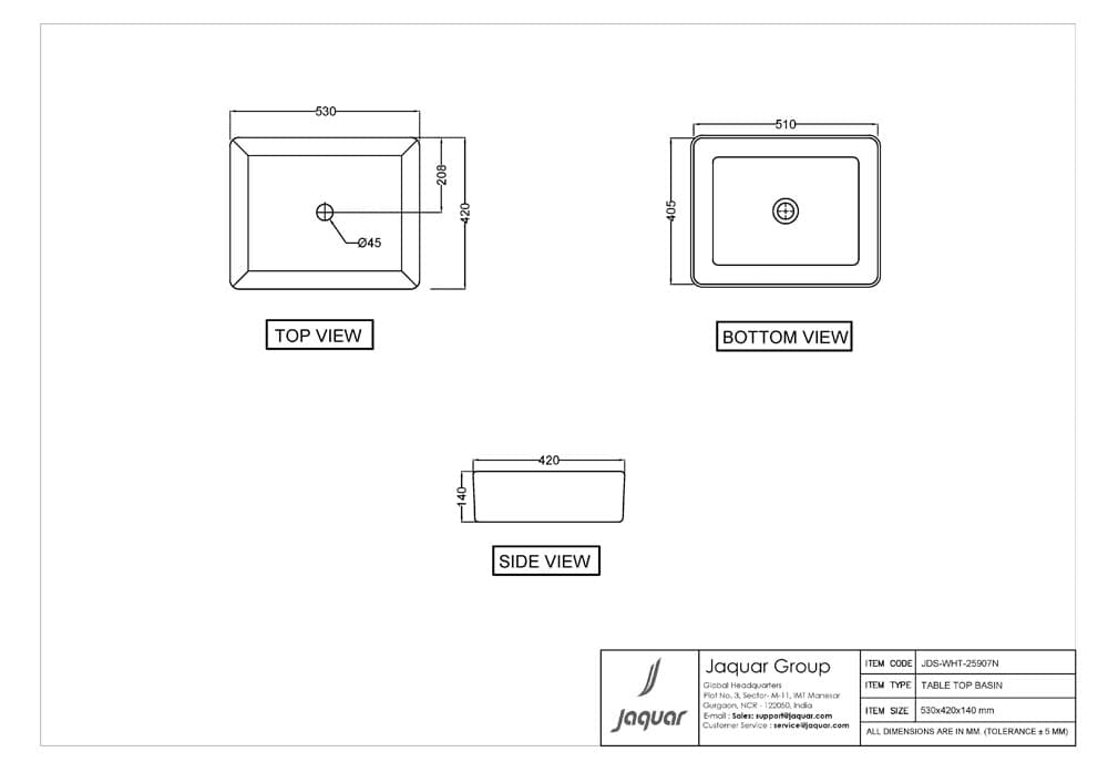 Jaquar JDR Thin Rim Rectangular Table Top Basin, Size: 530x420x140 mm, JDS-WHT-25907N - View 2