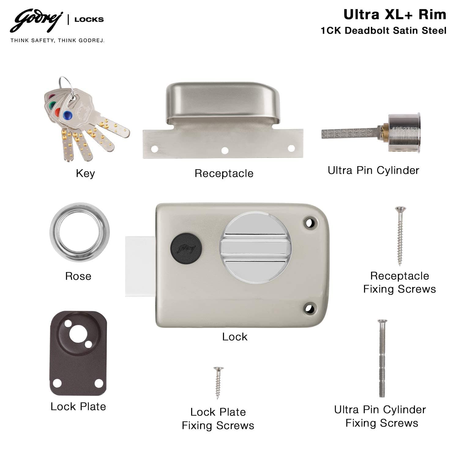 Godrej 2339 Satin Nickel Finish Rim Deadbolt Ultra XL+1CK Deadbolt - View 4
