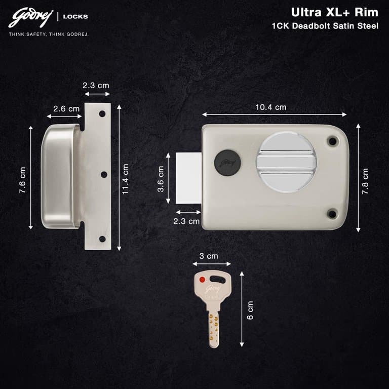 Godrej 2339 Satin Nickel Finish Rim Deadbolt Ultra XL+1CK Deadbolt - 60 mm | Rim lock – Deadbolt Ultra XL+ (single deadbolt), 1CK | 2339 - View 6