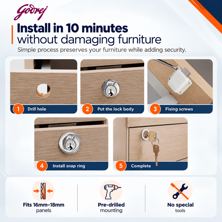 Godrej 4374 Nuvo Drawer Lock - 20 mm | Pin Cylinder Drawer Lock | Stainless Steel - View 6