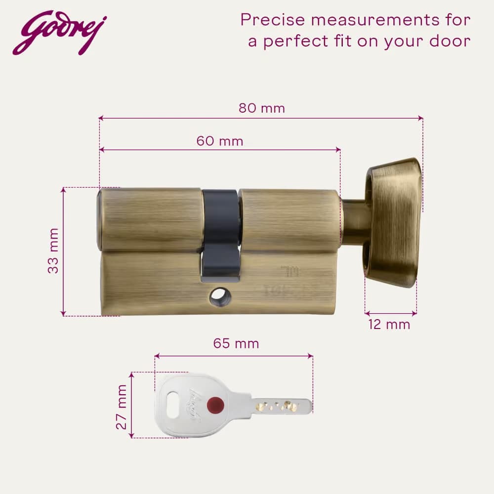 Godrej 4235 Antique Cylinder-1CK 60mm - 60 mm | Euro-profile pin cylinder 60 mm – 1CK (key outside, knob inside), for mortise lock body | Brass - View 8