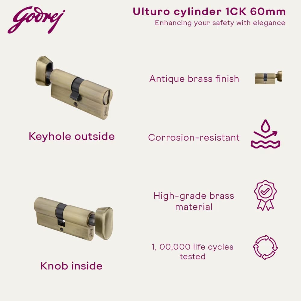 Godrej 4235 Antique Cylinder-1CK 60mm - 60 mm | Euro-profile pin cylinder 60 mm – 1CK (key outside, knob inside), for mortise lock body | Brass - View 7