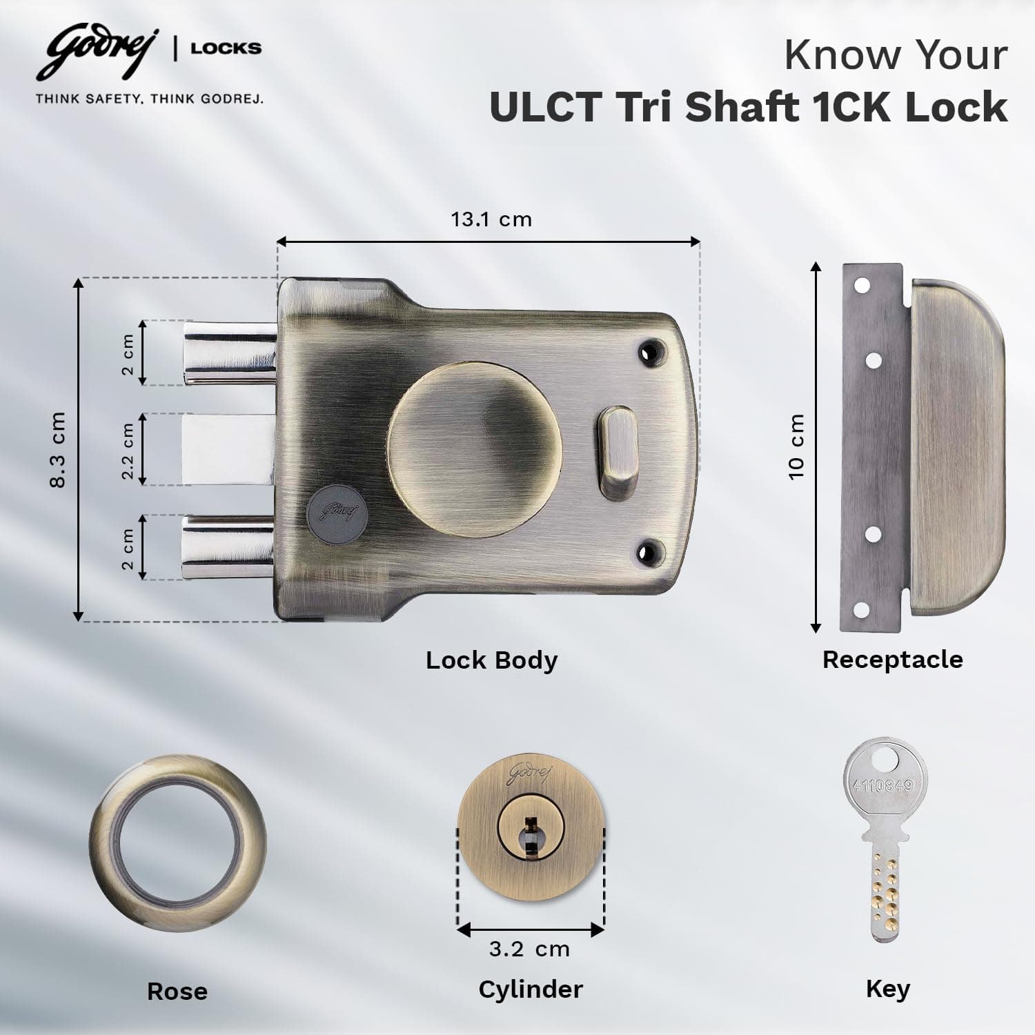 Godrej 5123 Antique Brass Finish ULCT Technology Tri Shaft 1CK Tribolt with Latch Rim lock - 75 mm | Rim lock (main door) – 3-bolt (Tri-shaft) with latch, 1CK | 5123 - View 6