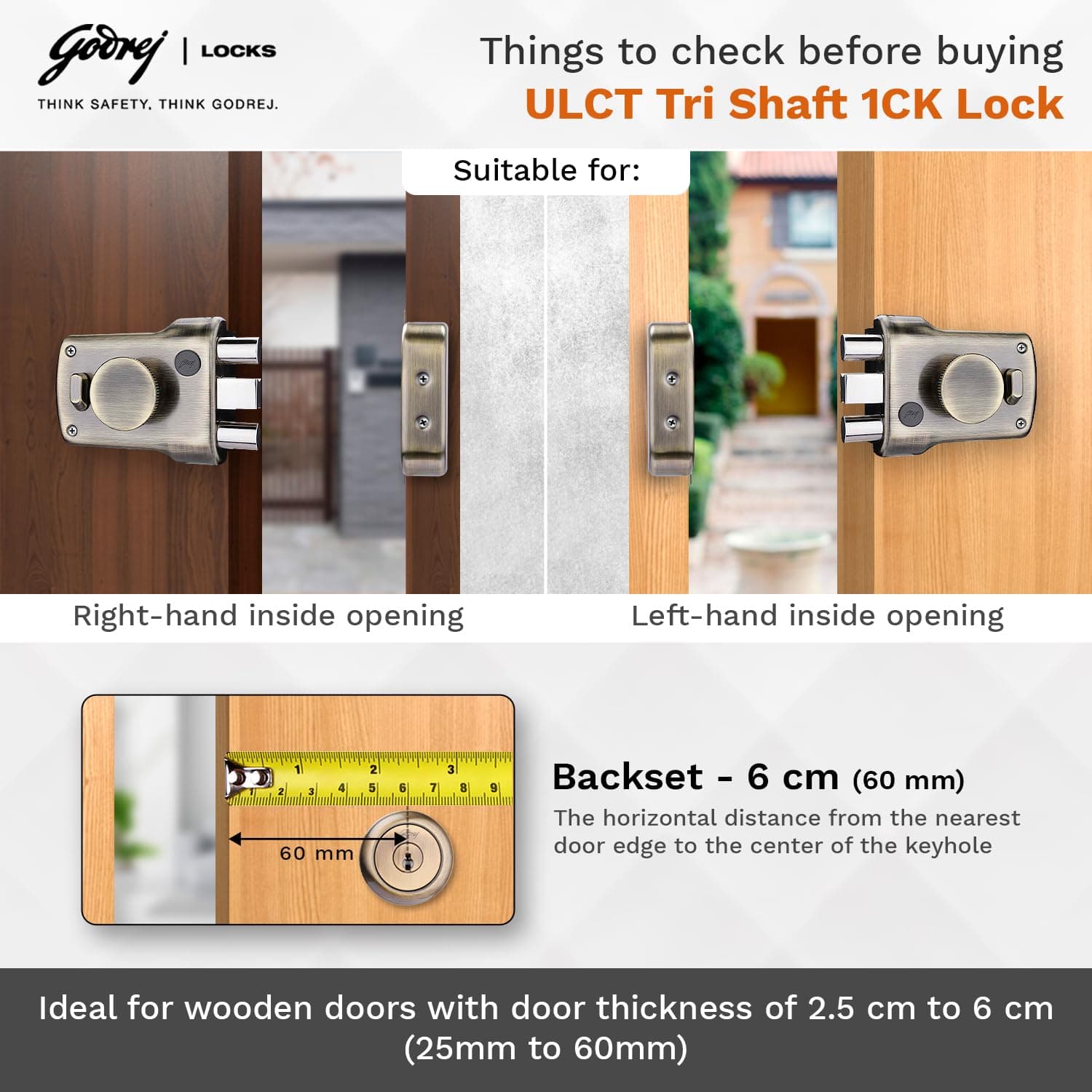 Godrej 5123 Antique Brass Finish ULCT Technology Tri Shaft 1CK Tribolt with Latch Rim lock - 75 mm | Rim lock (main door) – 3-bolt (Tri-shaft) with latch, 1CK | 5123 - View 7