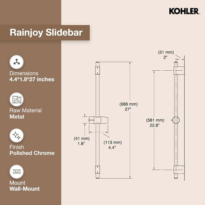 Kohler Rainjoy 68.5cm Wall-Mount Slide Bar, 72740IN-CP - 68.5 cm | 72740IN-CP | Chrome Finish - View 2