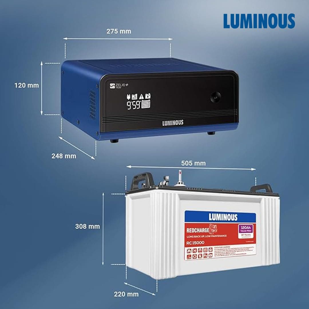 Luminous Zelio 1100 Pure Sine Wave Inverter with RC15000 120 Ah Tubular Battery & Trolley Combo - View 2