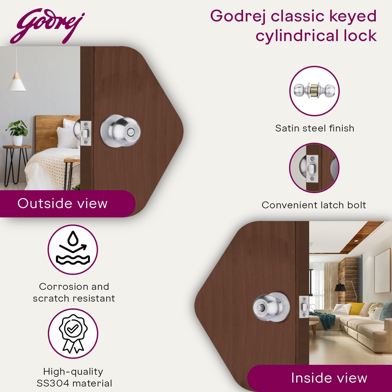 Godrej 5805 SS Matte  Keyless Cylindrical Lock w/o Key - View 3