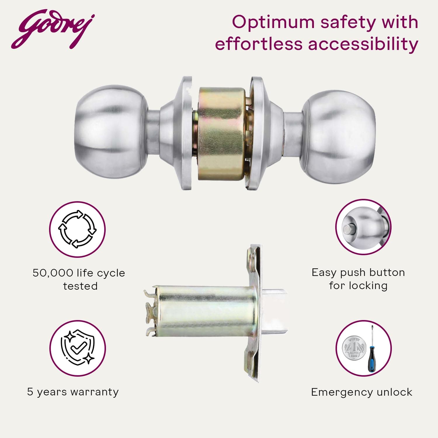 Godrej 5805 SS Matte  Keyless Cylindrical Lock w/o Key - View 4