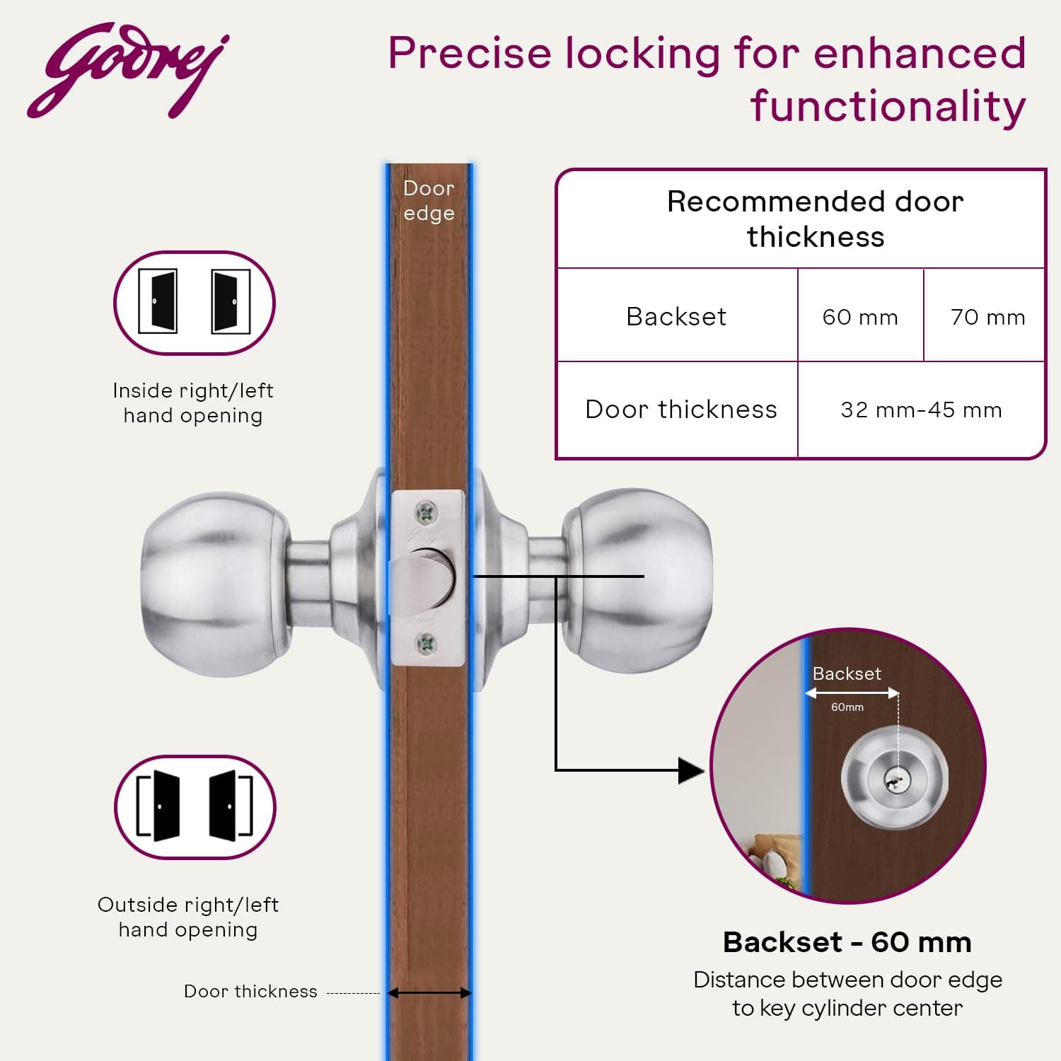 Godrej 5808 SS Matte Cylindrical Knob Lock With Key - Cylindrical knob lock – keyed, 60 mm backset | Stainless Steel | 5808 - View 6