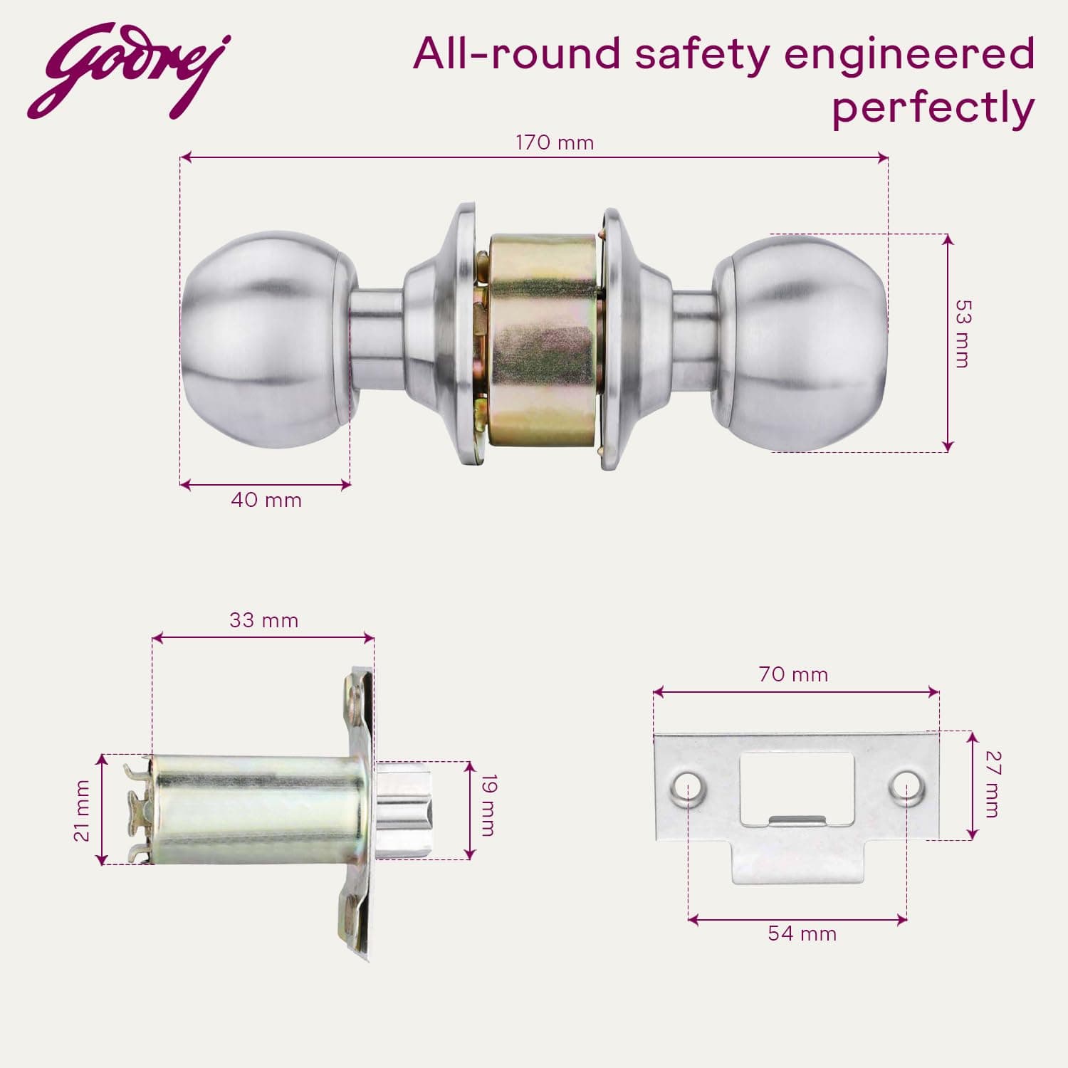 Godrej 5808 SS Matte Cylindrical Knob Lock With Key - Cylindrical knob lock – keyed, 60 mm backset | Stainless Steel | 5808 - View 7
