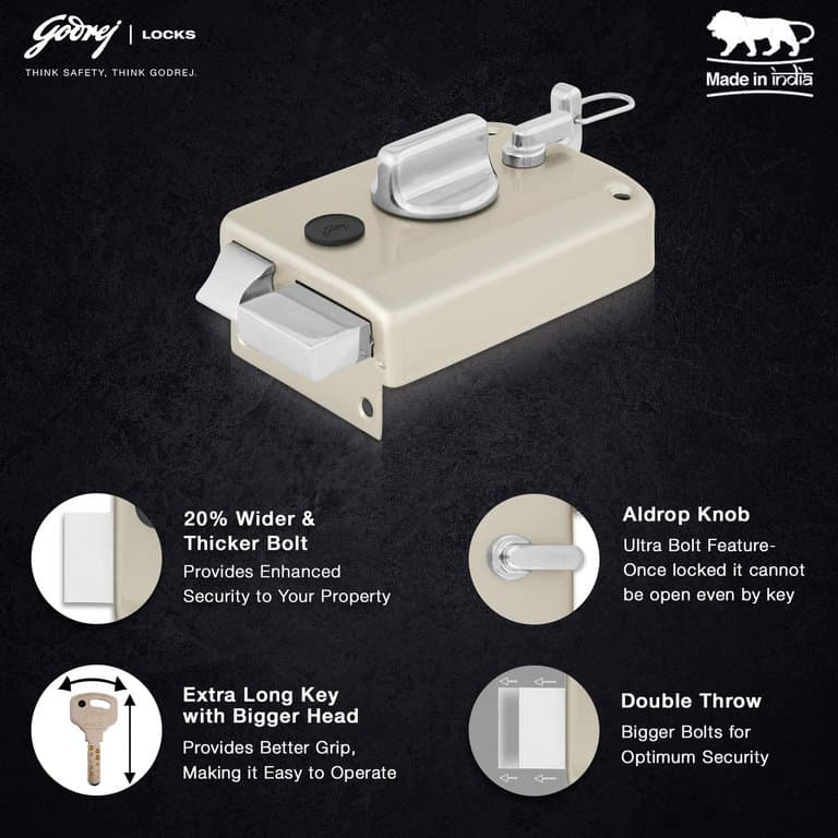 Godrej 6084 Satin Nickel Finish Twinbolt Ultra XL+1CK Latch bolt Lock - 60 mm | Rim lock – Twinbolt Ultra XL+, 1CK Deadbolt (2 bolts) | 6084 - View 6
