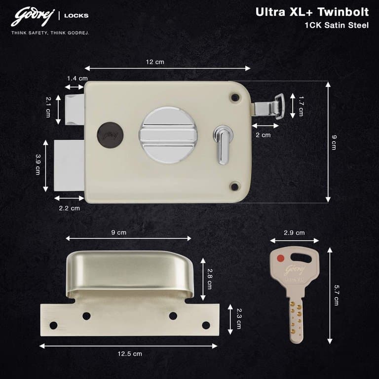 Godrej 6084 Satin Nickel Finish Twinbolt Ultra XL+1CK Latch bolt Lock - 60 mm | Rim lock – Twinbolt Ultra XL+, 1CK Deadbolt (2 bolts) | 6084 - View 7