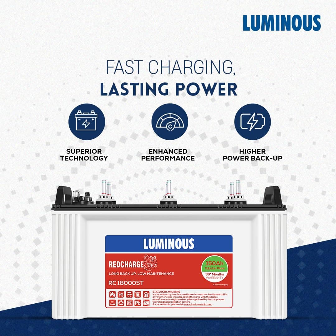 Luminous Zelio+ 1100 Pure Sine Wave Inverter with RC18000ST Short Tubular Inverter Battery Combo - View 4