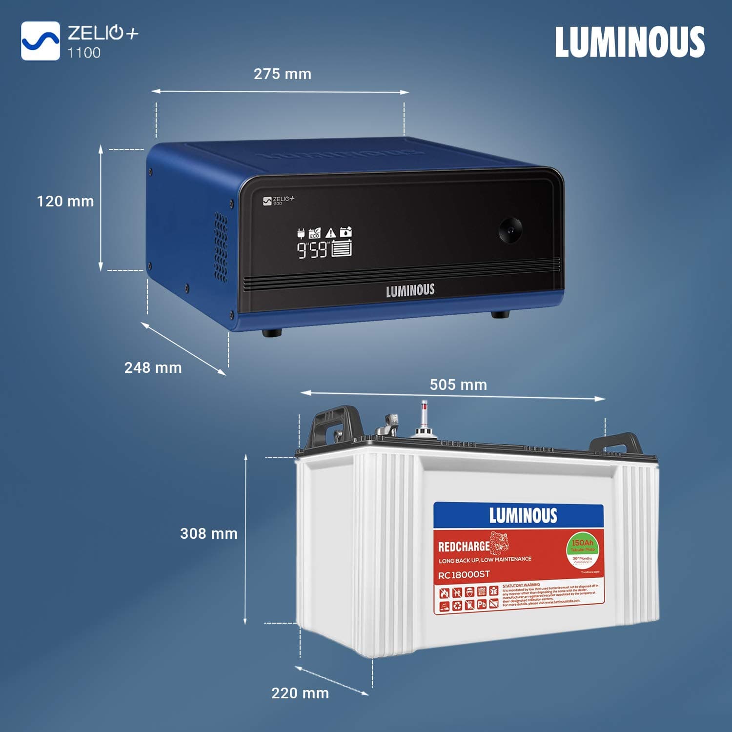 Luminous Zelio+ 1100 Pure Sine Wave Inverter with RC18000ST Short Tubular Inverter Battery Combo - View 2