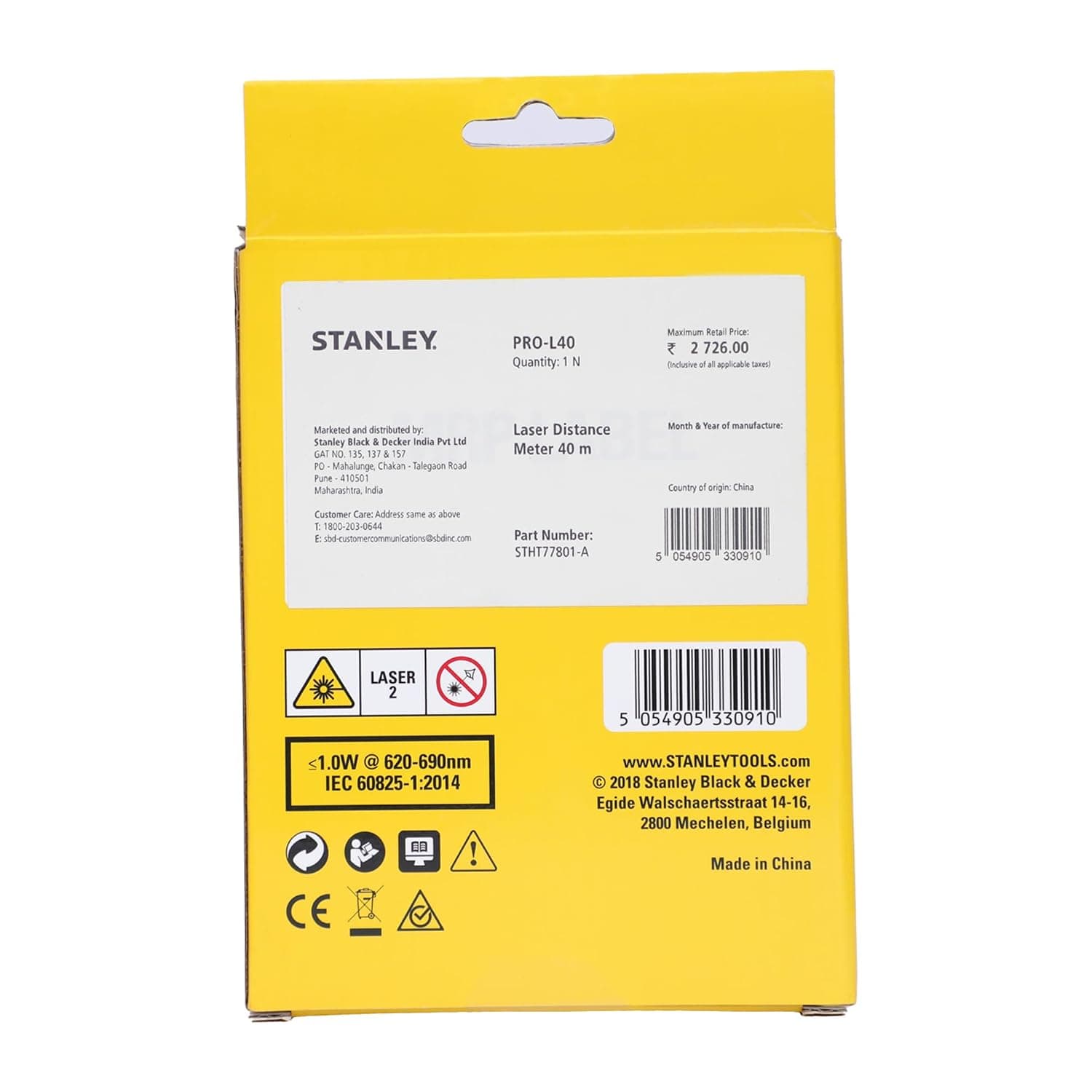 Stanley Stht77801-A 40 meter Professional Laser Distance Meter - Laser Distance Meter | STHT77801-A | Measurement unit options: m/in/ft | Continuous measurement function: YES | Outdoor target reflection board: NO | Area and Volume measurement function: YES | Pythagorean proposition measurement function: FULL MODE | Add and subtract measurement functi - View 7