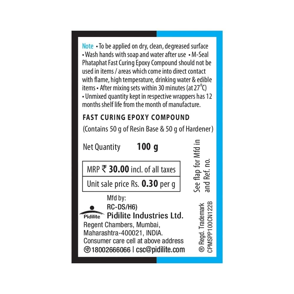 M-Seal Pidilite M-Seal Phataphat Epoxy Compound 100 g - Store in a cool (< 300C) and dry place. Under such storage conditions the shelf life of the product is minimum 12 months in sealed unopened packs. | 100 gm | Kg - View 6