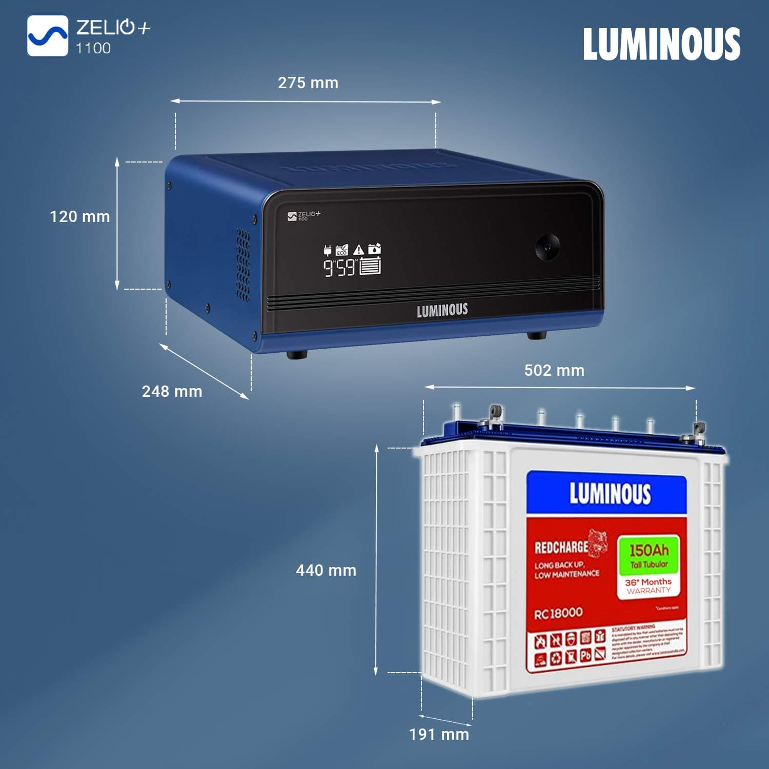 Luminous Zelio 1100 Pure Sine Wave Inverter with RC18000 150 Ah Tubular Battery Combo - View 2