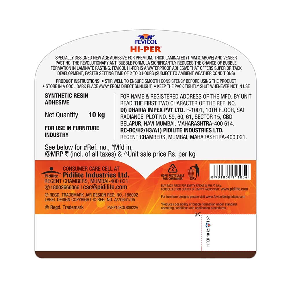 Fevicol HI-PER Anti-Bubble Waterproof Adhesive - Fevicol Hi-Per is the first ever Indian product that helps in reducing bubble formation. The product offers high performance along with being quick and time-saving. Its best-in-class water resistant properties in addition to these make the product un | When not in use container should be keep closed. | Skin formation, if any, should be removed from the container before use. Stir well before use | Best to use within 12 months from the date of manufacture. - View 7