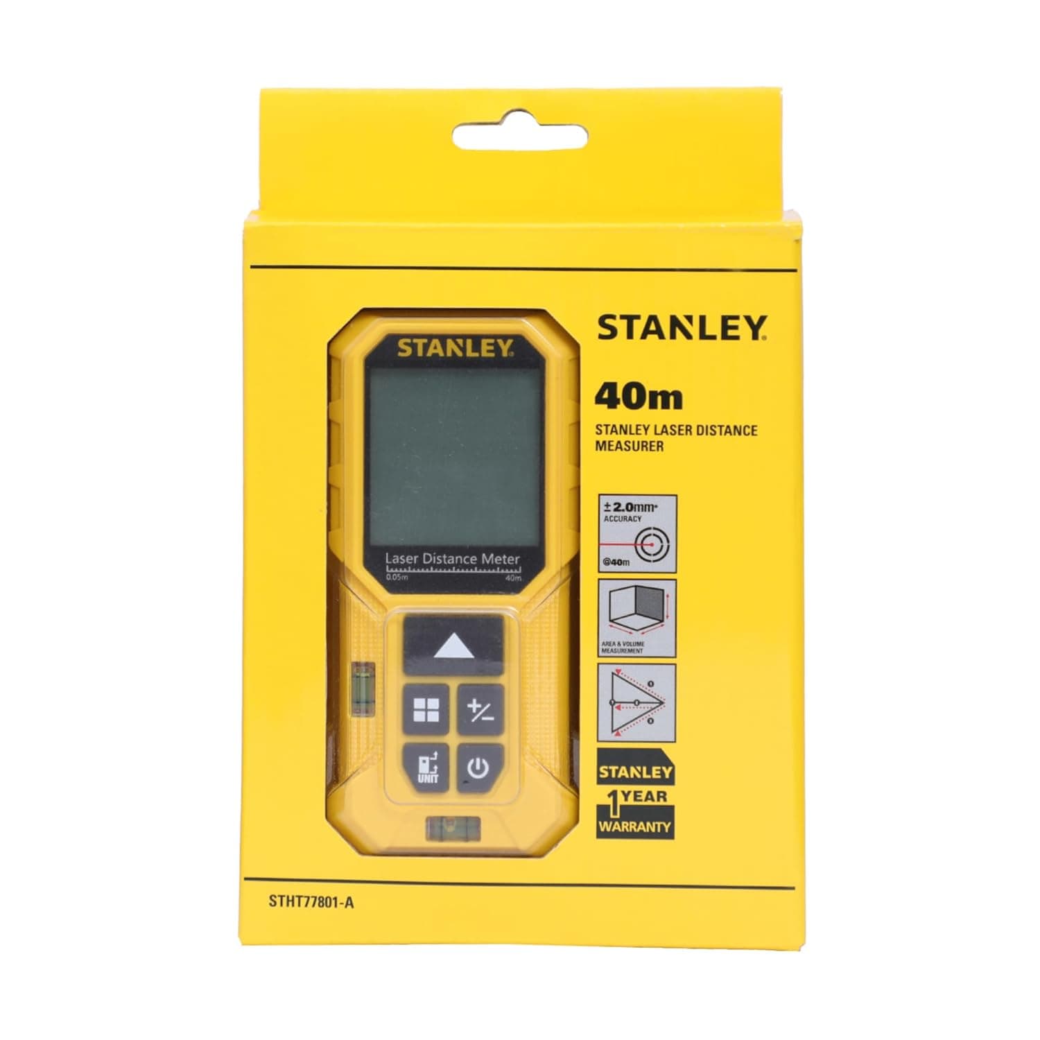 Stanley Stht77801-A 40 meter Professional Laser Distance Meter - Laser Distance Meter | STHT77801-A | Measurement unit options: m/in/ft | Continuous measurement function: YES | Outdoor target reflection board: NO | Area and Volume measurement function: YES | Pythagorean proposition measurement function: FULL MODE | Add and subtract measurement functi - View 6