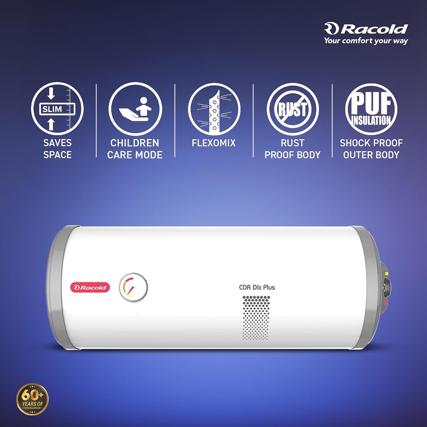 Racold CDR DLX PLUS Horizontal Electric Storage Geyser, 2kW, White - Ideal for smaller bathrooms, guest rooms, or bachelors needing fast, energy-efficient hot water for bucket baths. | White | 230 V - View 25