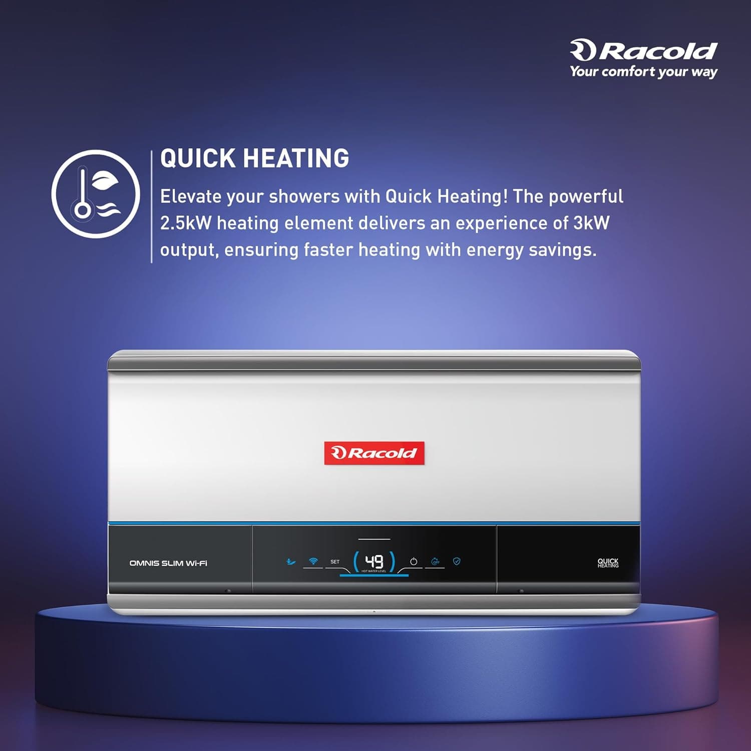Racold Omnis Slim Electric Storage Geyser - The standard choice for home bathrooms. Delivers sustained hot water for overhead showers and multi-person daily routines. | Black | 230 V - View 14