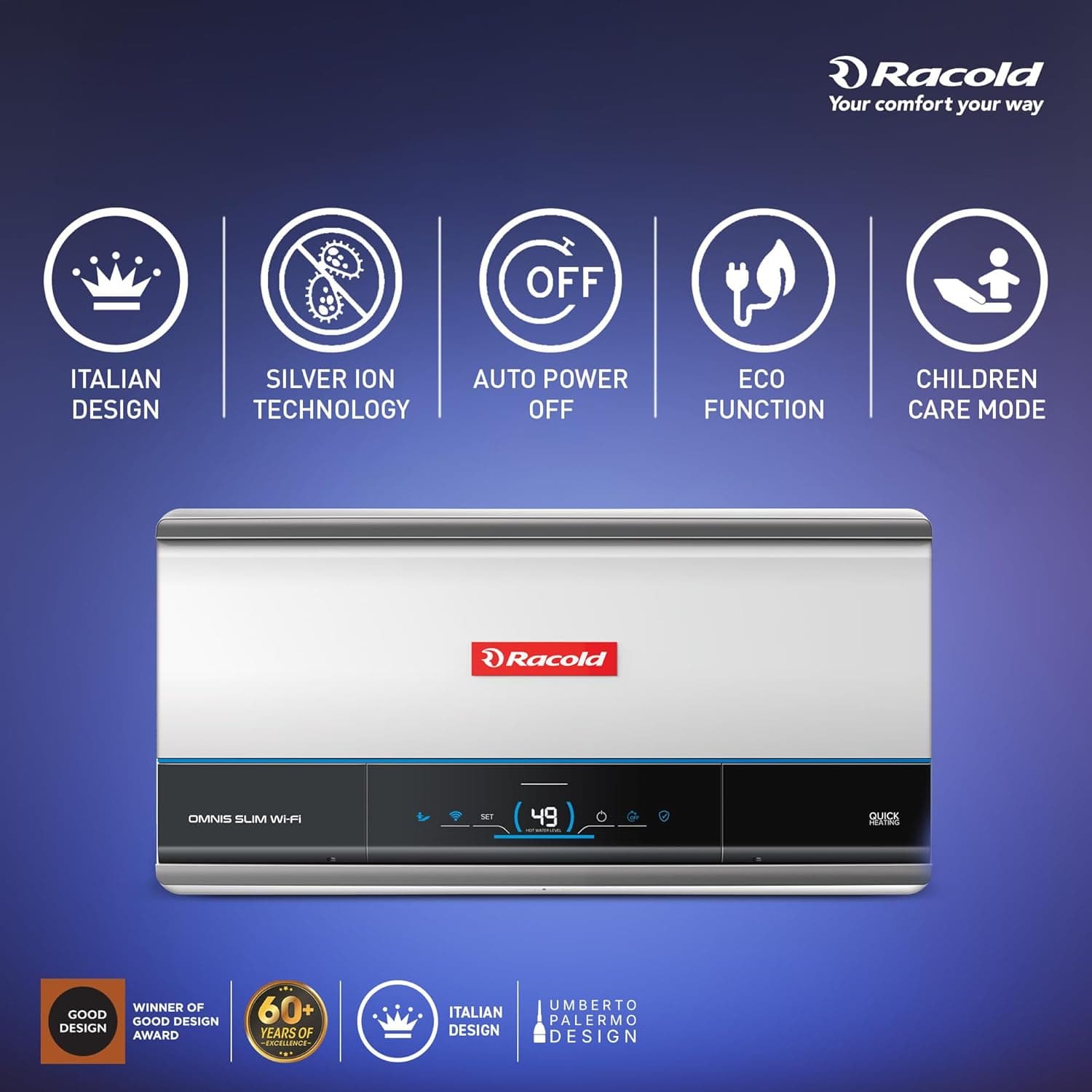 Racold Omnis Slim Electric Storage Geyser - The standard choice for home bathrooms. Delivers sustained hot water for overhead showers and multi-person daily routines. | Black | 230 V - View 12
