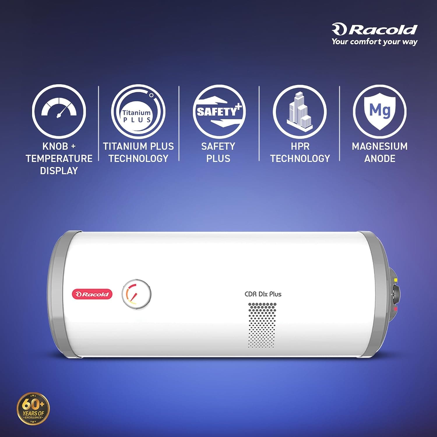 Racold CDR DLX PLUS Horizontal Electric Storage Geyser, 2kW, White - Ideal for smaller bathrooms, guest rooms, or bachelors needing fast, energy-efficient hot water for bucket baths. | White | 230 V - View 24