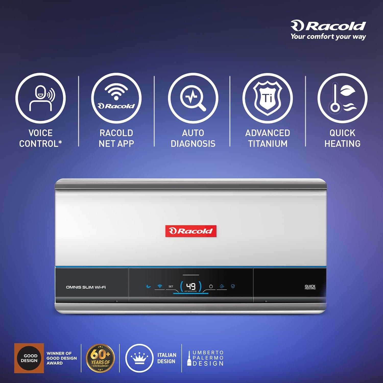 Racold Omnis Slim Electric Storage Geyser - The standard choice for home bathrooms. Delivers sustained hot water for overhead showers and multi-person daily routines. | Black | 230 V - View 11