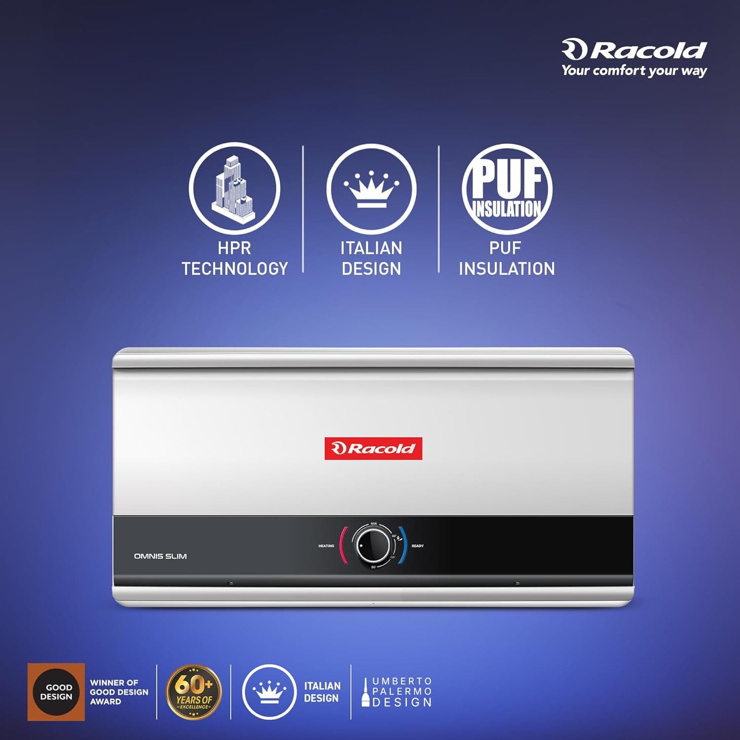 Racold Omnis Slim Electric Storage Geyser - The standard choice for home bathrooms. Delivers sustained hot water for overhead showers and multi-person daily routines. | Black | 230 V - View 20