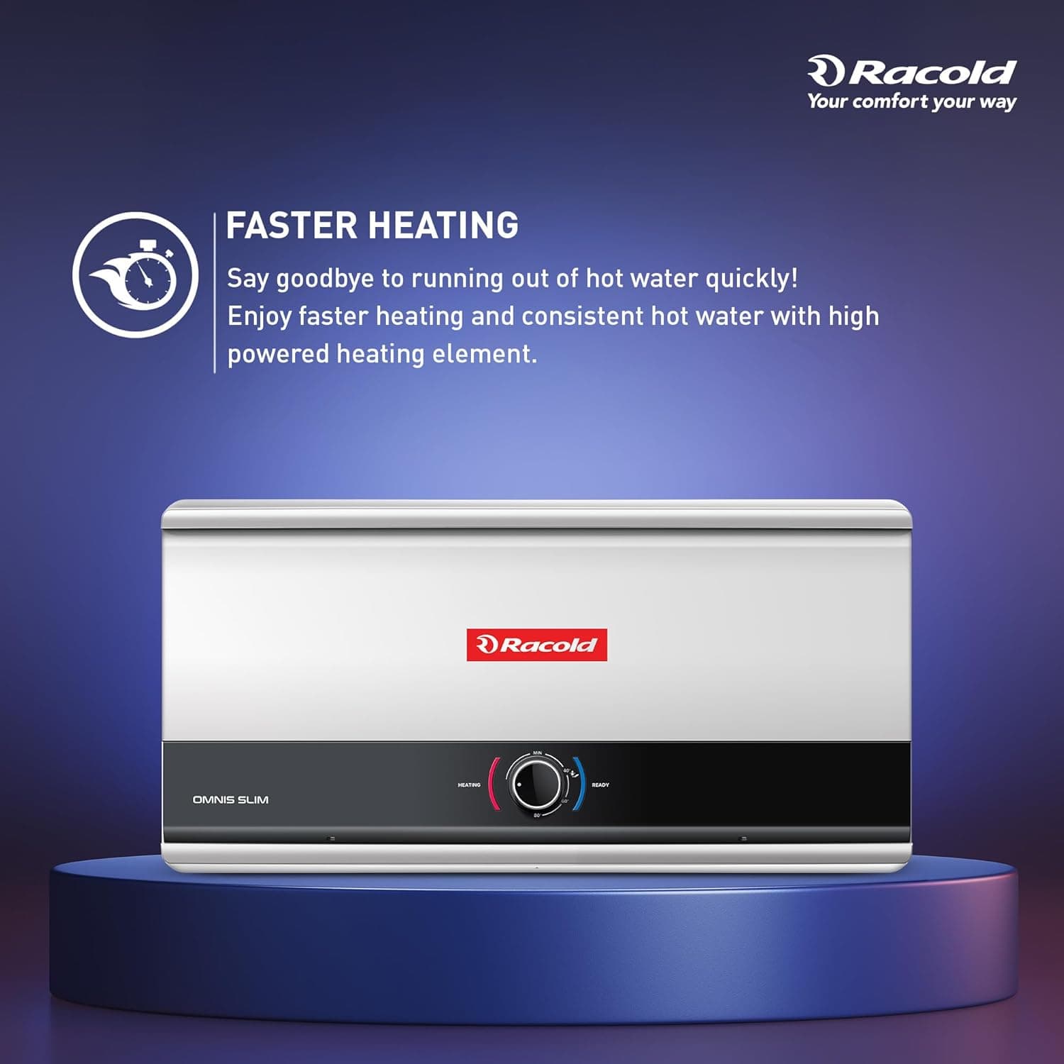 Racold Omnis Slim Electric Storage Geyser - The standard choice for home bathrooms. Delivers sustained hot water for overhead showers and multi-person daily routines. | Black | 230 V - View 6