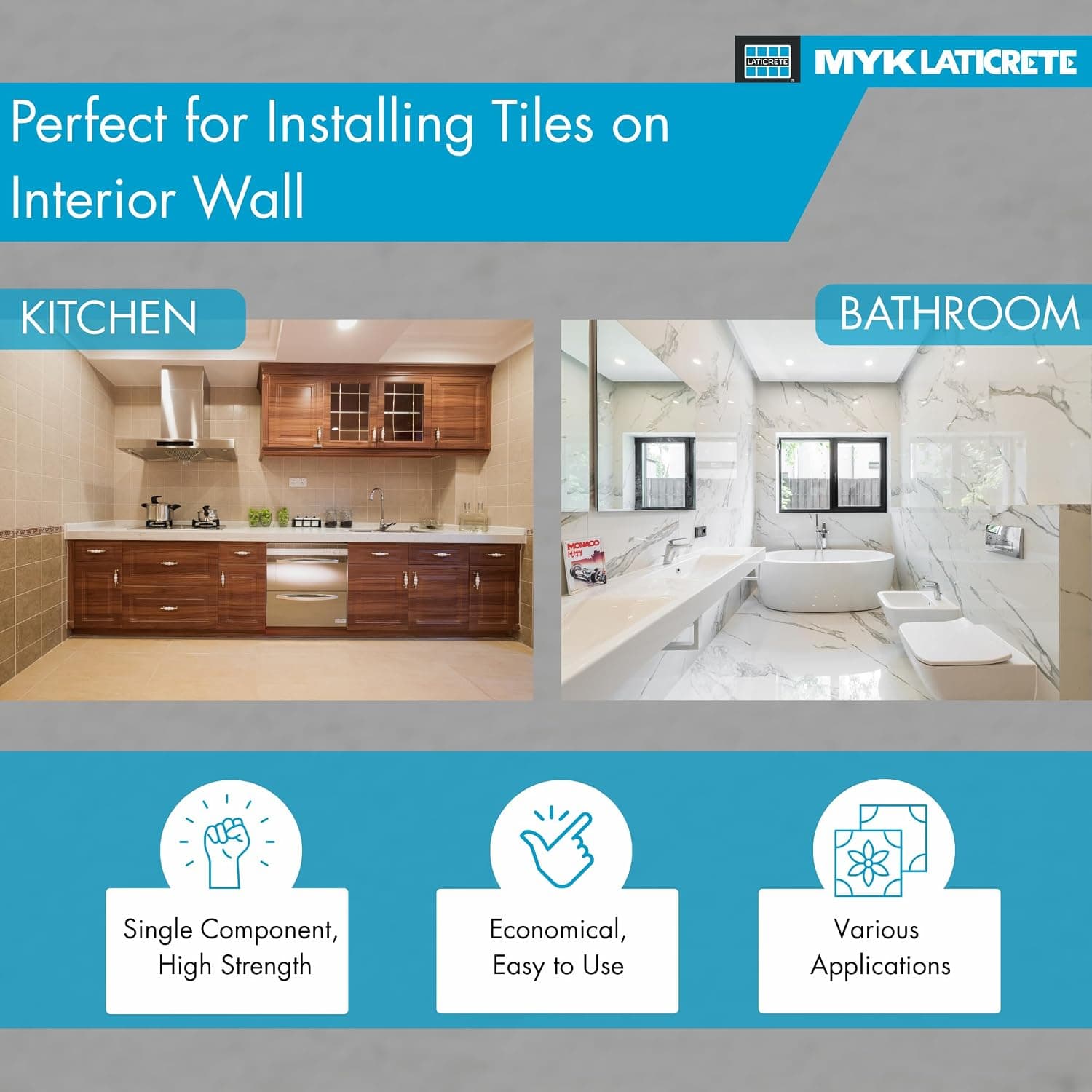MYK Laticrete 315 Plus Premium Polymer Floor & Wall Tile Adhesive - Interior and Exterior Surfaces: Suitable for indoor rooms and exterior areas. Floor and Wall Tiling: Excellent sag resistance makes it perfect for vertical wall applications. Substrates: Applies smoothly over cement mortar beds, cement plaster, concr | 55 to 60 square feet | 12 months (1 year) from the date of manufacture. - View 11
