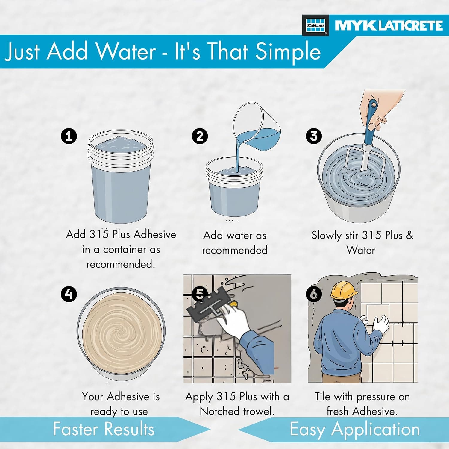 MYK Laticrete 315 Plus Premium Polymer Floor & Wall Tile Adhesive - Interior and Exterior Surfaces: Suitable for indoor rooms and exterior areas. Floor and Wall Tiling: Excellent sag resistance makes it perfect for vertical wall applications. Substrates: Applies smoothly over cement mortar beds, cement plaster, concr | 55 to 60 square feet | 12 months (1 year) from the date of manufacture. - View 7
