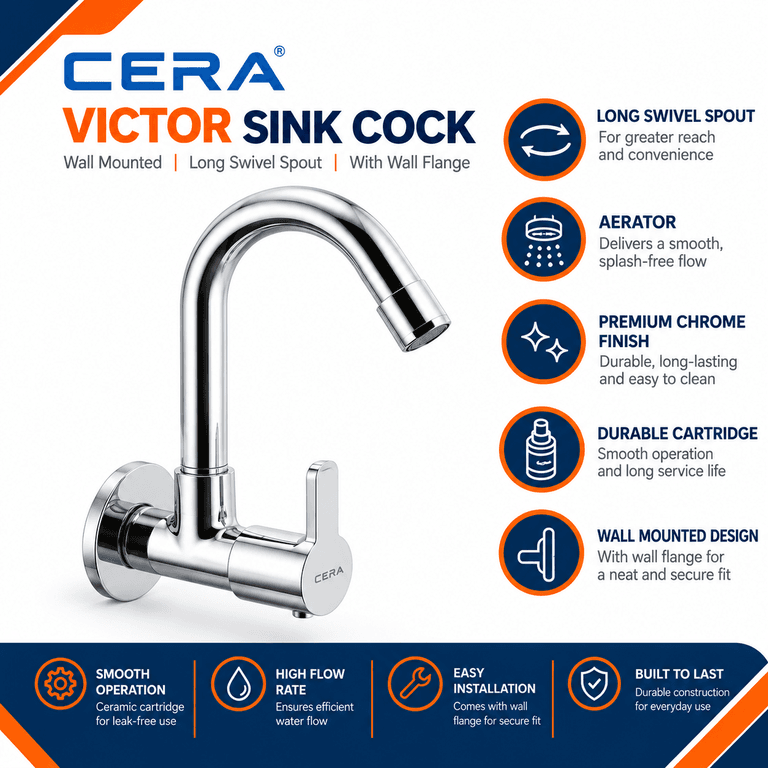 Cera Victor Sink Cock with Long Swivel Spout & Wall Flange - Wash basin | F1015251 | Chrome - View 6