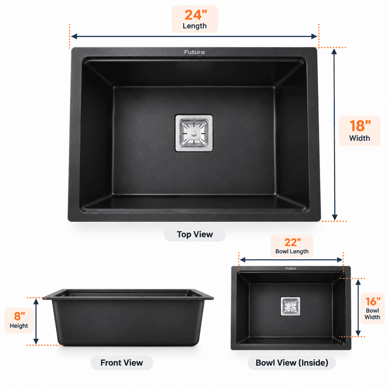Futura Quartz Finish Sink - 24 x 18 Inch | Kitchen Sink | 80% Natural Quartz & 20% Acrylic Resin - View 6