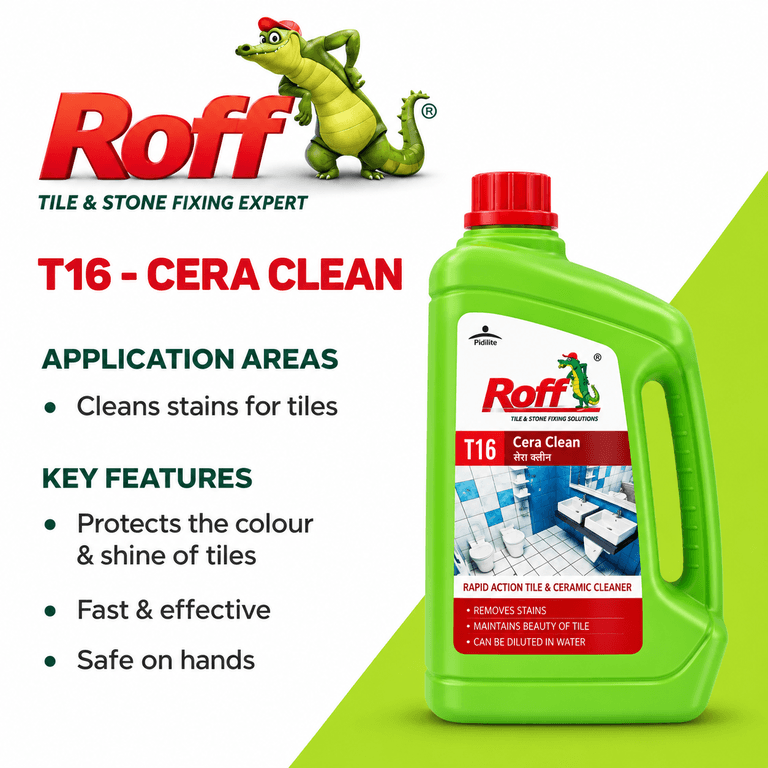 Roff T16 Cera Tile & Ceramic Cleaner - It is recommended to use Roff Cera Clean tile cleaner by diluting it with water. It is a rapid-action formula that protects the colour and natural shine of the tile. | Keep out of reach of children. Wear suitable protective clothing, gloves and eyes/face protection. After contact with skin, wash immediately with plenty of clean water. In case of contact with eyes rinse immediately with plenty of clean water and see | 12 months for sealed pack when stored under cover, out of direct sunlight, dampproof condition and protect from extremes of temperature - View 7