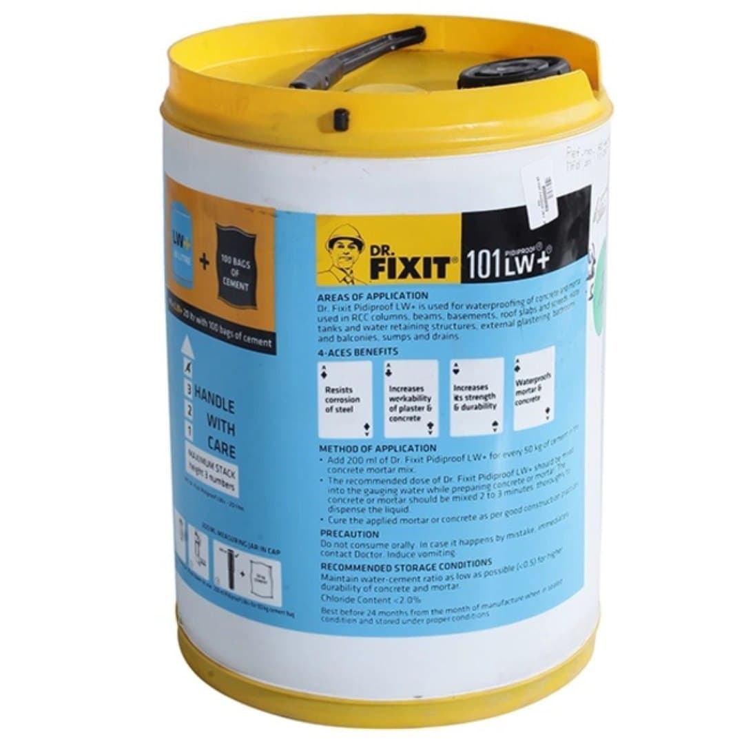 Dr.Fixit 101 Pidiproof LW+ - Waterproofing of concrete and sand-cement mortars used in | Basements, | Roof slabs and screeds, | Water tanks & water retaining structures, | External plastering, | Bathrooms and balconies, | Sumps and drains | Do not add Dr. Fixit Pidiproof LW+ directly to dry cement & aggregate mix. | Maintain water-cement ratio as low as possible. | Do not increase the dosage of Dr. Fixit Pidiproof LW+ than the recommendation | Best before 2 years from the date manufacture - View 6