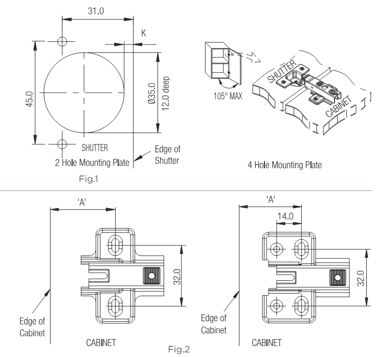 EBCO Euro Soft Close Cabinet Hinge 1 set (2 Nos) - 58 mm | Cabinet Hinge | E-HSM-3 - View 6