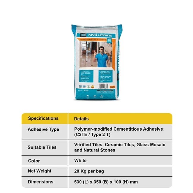 MYK Laticrete 315 Plus Premium Polymer Floor & Wall Tile Adhesive - Interior and Exterior Surfaces: Suitable for indoor rooms and exterior areas. Floor and Wall Tiling: Excellent sag resistance makes it perfect for vertical wall applications. Substrates: Applies smoothly over cement mortar beds, cement plaster, concr | 55 to 60 square feet | 12 months (1 year) from the date of manufacture. - View 10