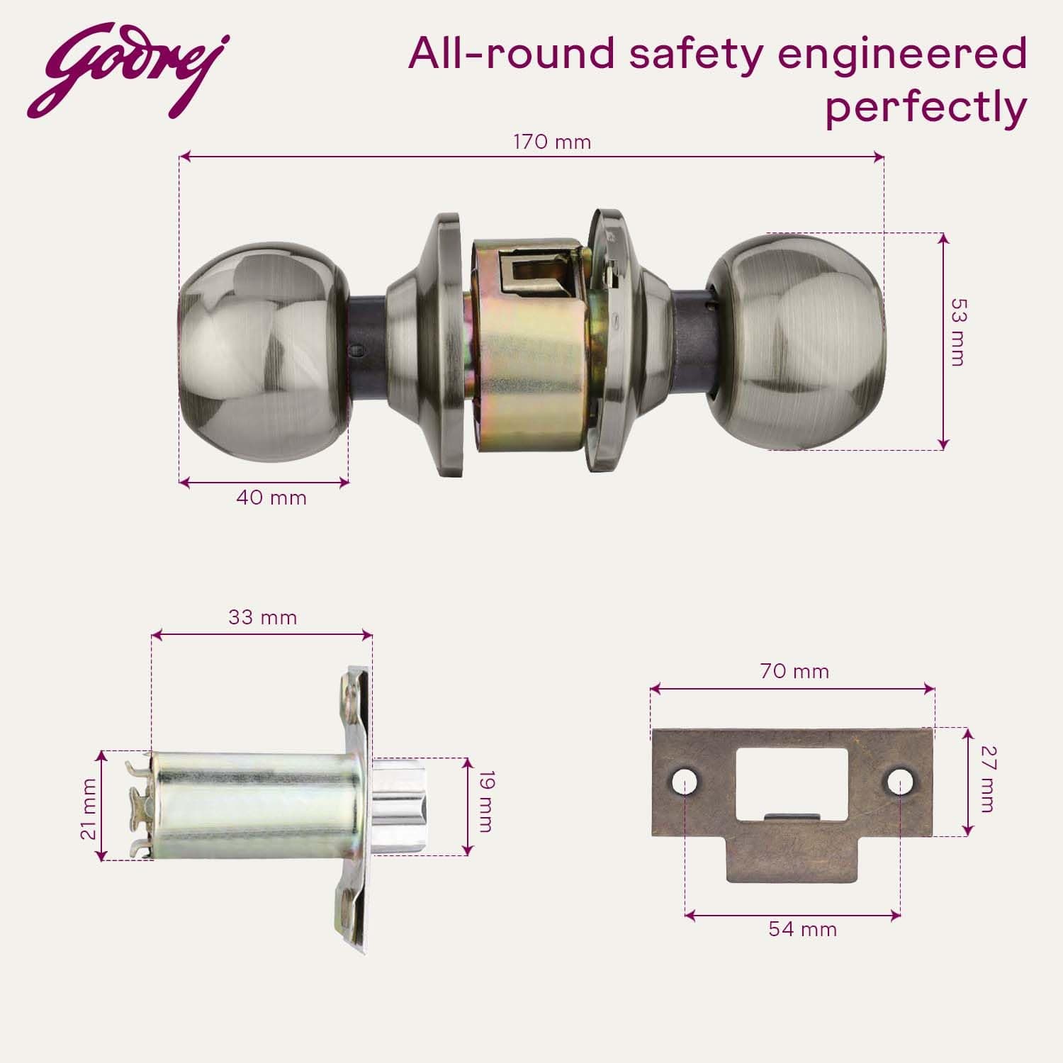 Godrej 5810 Classic Antique Cylindrical Key Lock - Cylindrical knob lock – keyed (main / bedroom / office), 60 mm backset | Brass | 5810 - View 6
