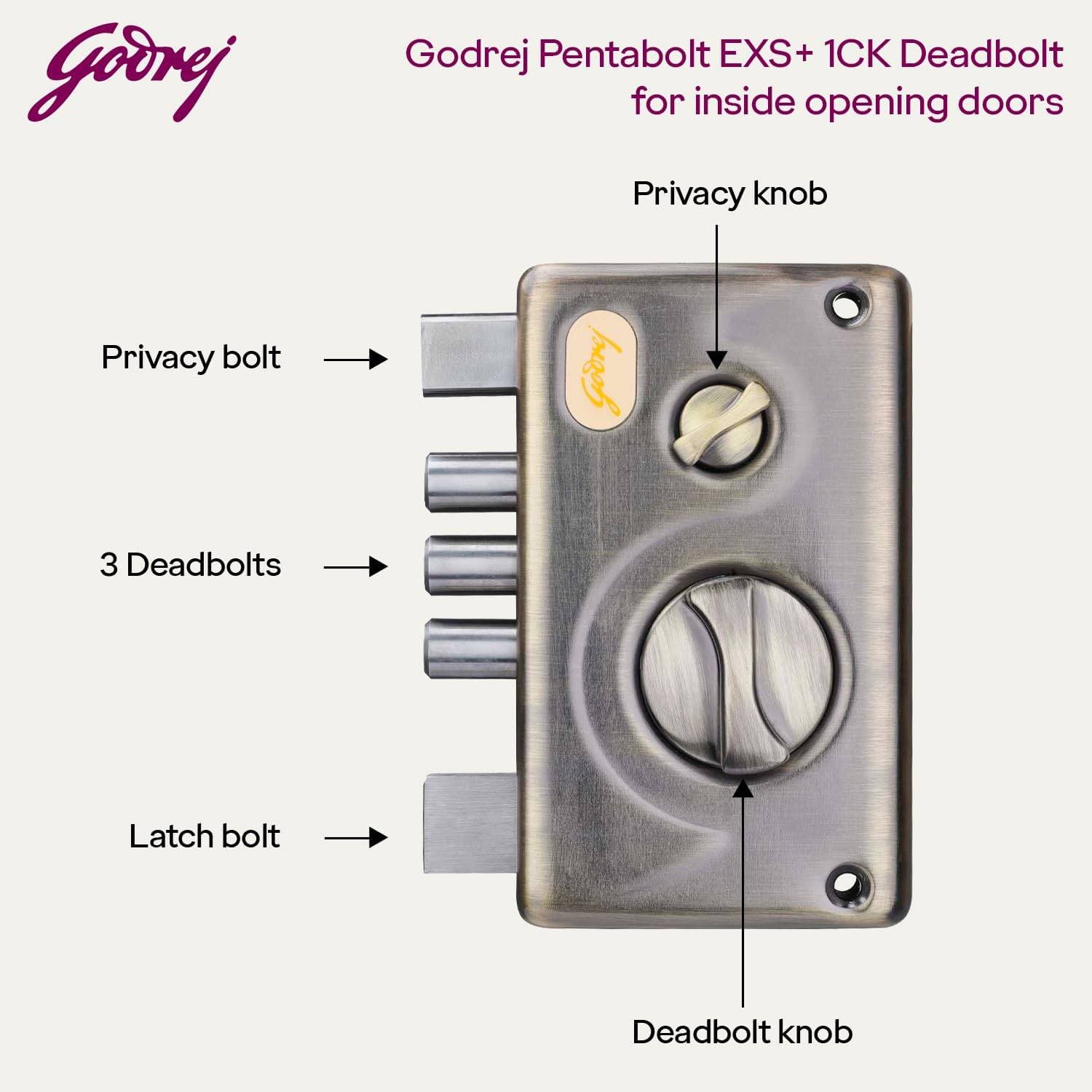 Godrej 3348 EXS+ Technology Pentabolt 1 CK Deadbolt Rim Lock - View 4