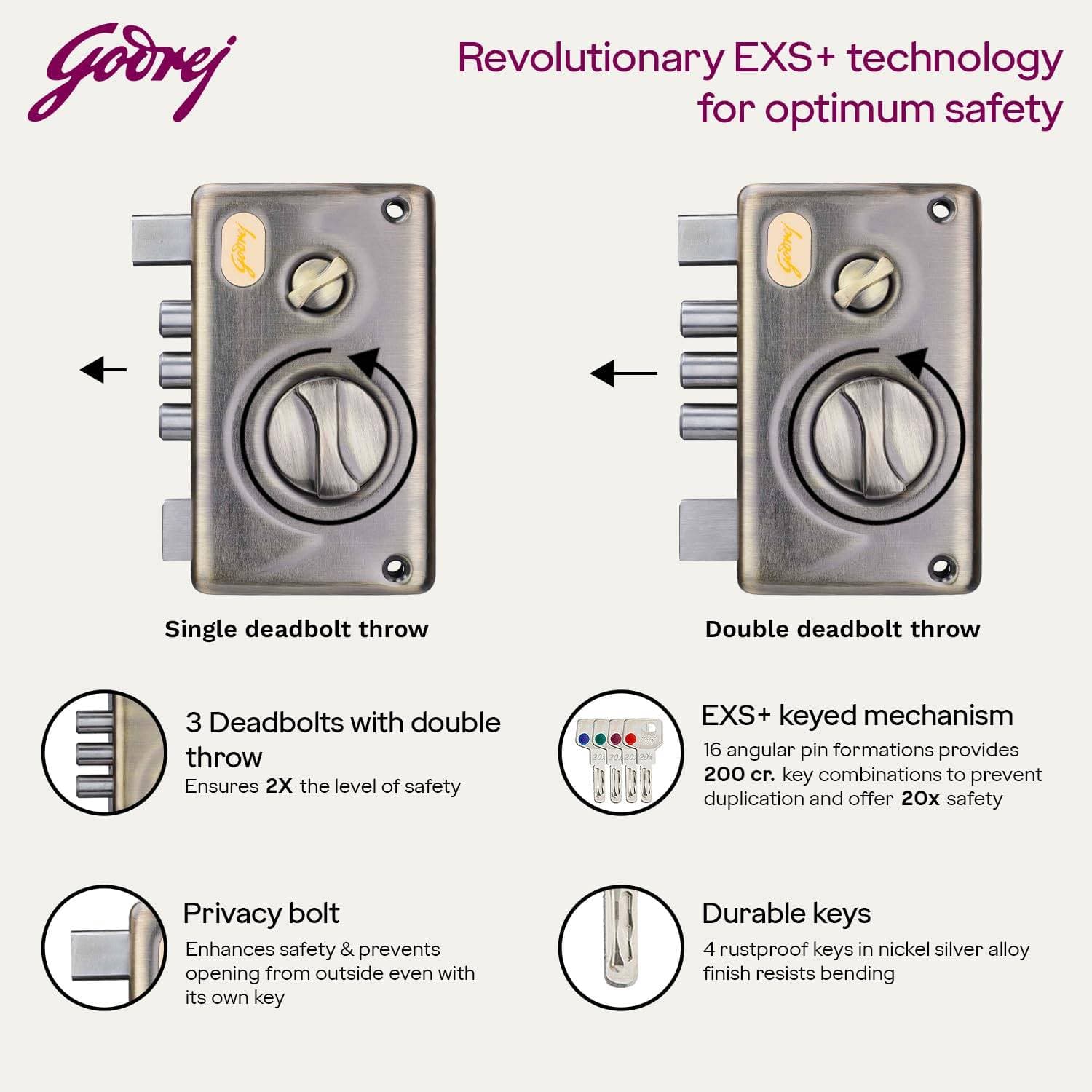 Godrej 3348 EXS+ Technology Pentabolt 1 CK Deadbolt Rim Lock - View 5