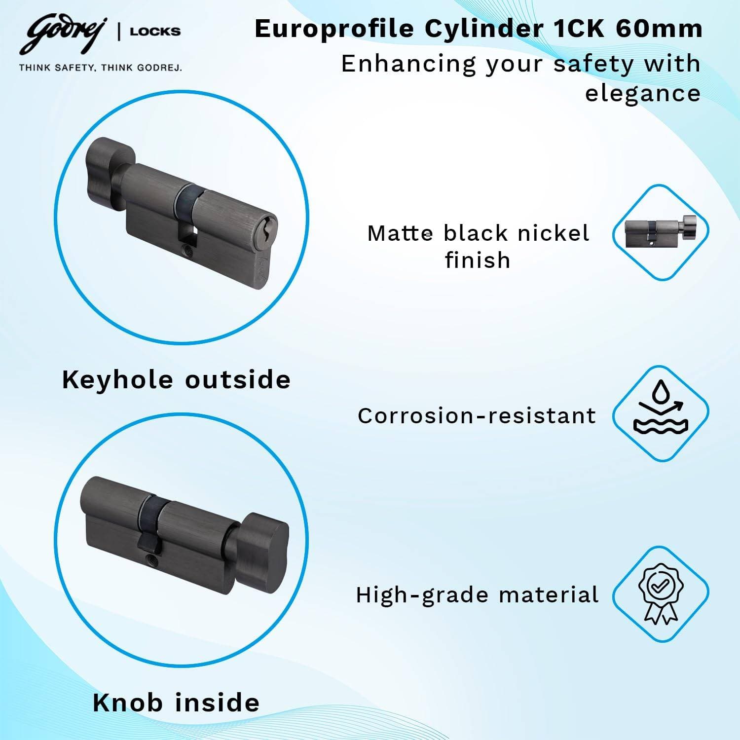 Godrej 3953 Matte Black Nickel Finish Cylinder-1CK 60mm - View 2