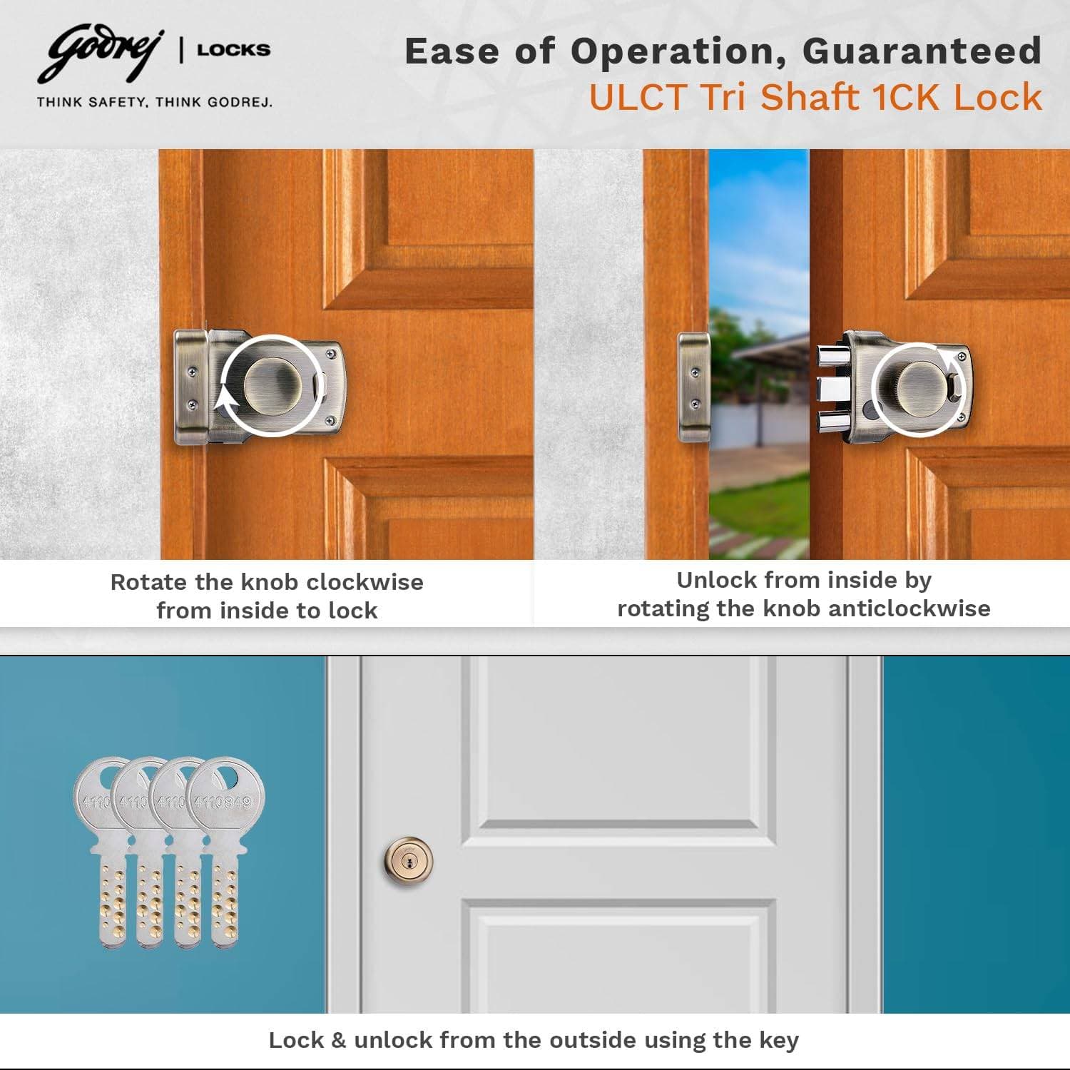 Godrej 5123 Antique Brass Finish ULCT Technology Tri Shaft 1CK Tribolt with Latch Rim lock - 75 mm | Rim lock (main door) – 3-bolt (Tri-shaft) with latch, 1CK | 5123 - View 8