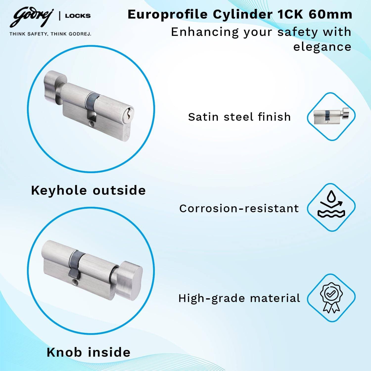 Godrej 5476 Satin Steel Finish Matte Cylinder-1CK 60mm - 60 mm | Euro-profile pin cylinder 60 mm – 1CK, for mortise lock body | Stainless Steel - View 3