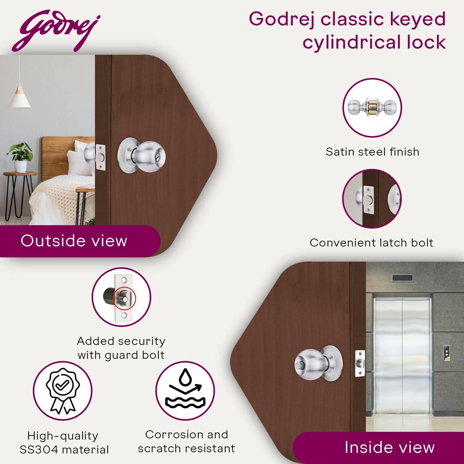 Godrej 5808 SS Matte Cylindrical Knob Lock With Key - Cylindrical knob lock – keyed, 60 mm backset | Stainless Steel | 5808 - View 4