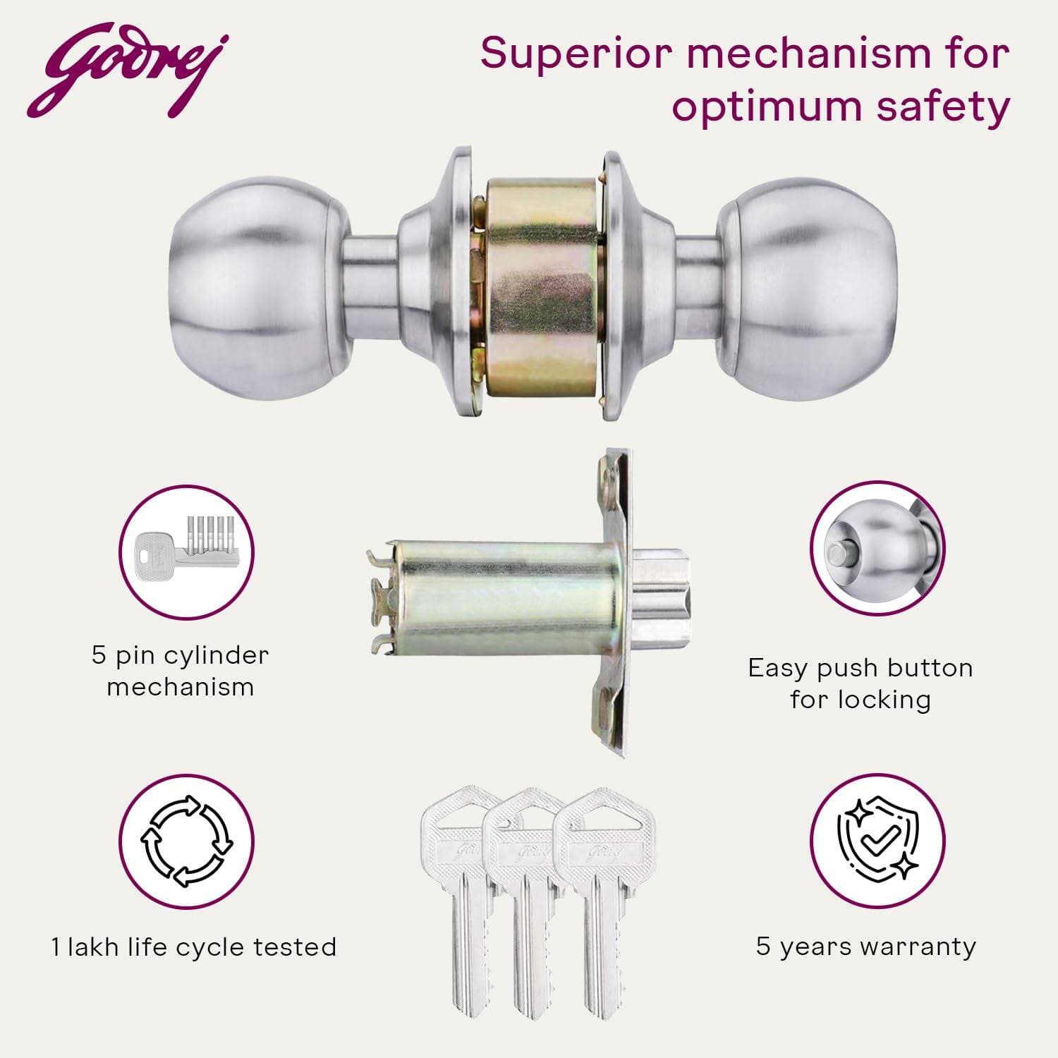 Godrej 5808 SS Matte Cylindrical Knob Lock With Key - Cylindrical knob lock – keyed, 60 mm backset | Stainless Steel | 5808 - View 5