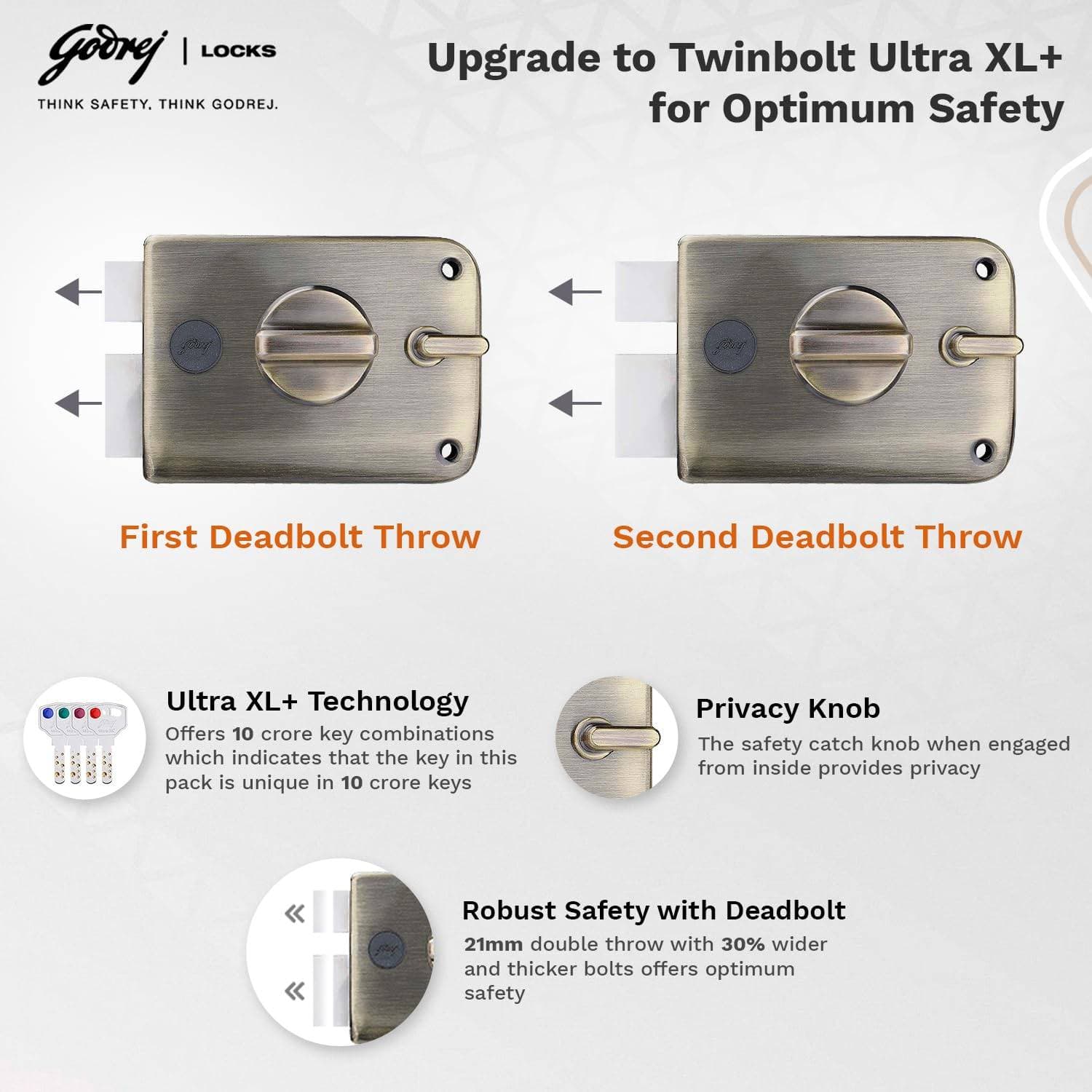 Godrej 6085 Antique Brass Finish Twinbolt Ultra XL+ 1CK Deadbolt lock - View 4