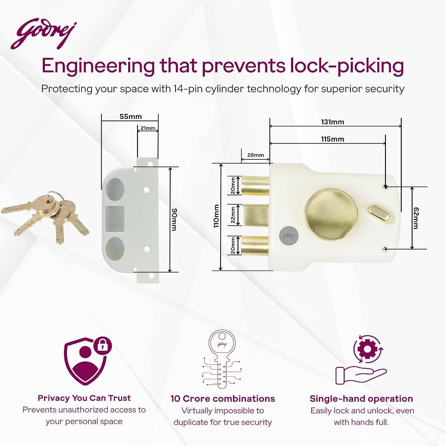 Godrej 5305 Tri Shaft 1CK with Latch Rim lock - View 4