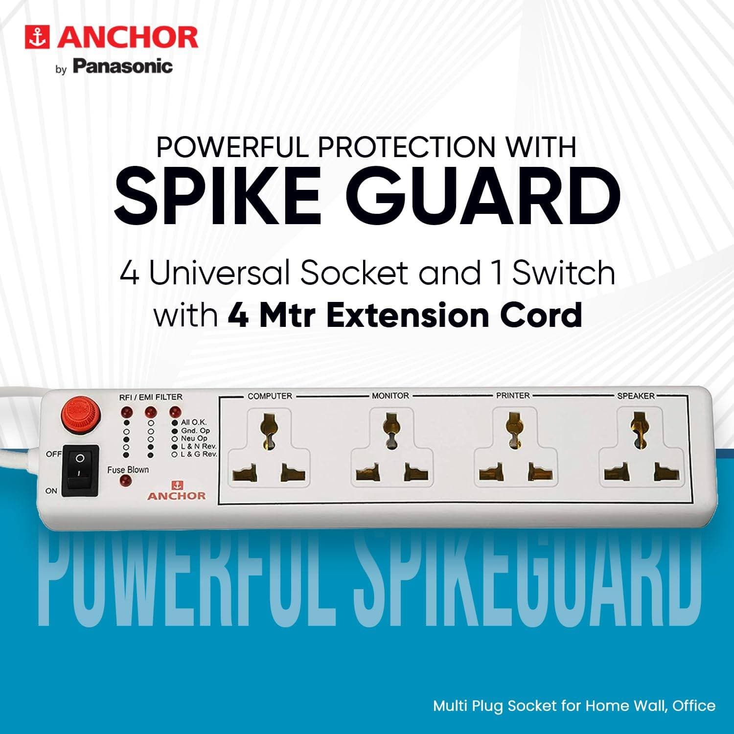 Anchor by Panasonic 6A 4 Universal Socket Shutter Extension Board with Single Switch & 4-Meter Extension Cord - White | 6 Amp | 250 V - View 6