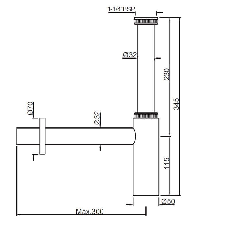Jaquar Allied 32mm Bottle Trap with 300x190mm Long Wall Connection Pipes & Wall Flange, ALD-CHR-769L300X190 - View 2